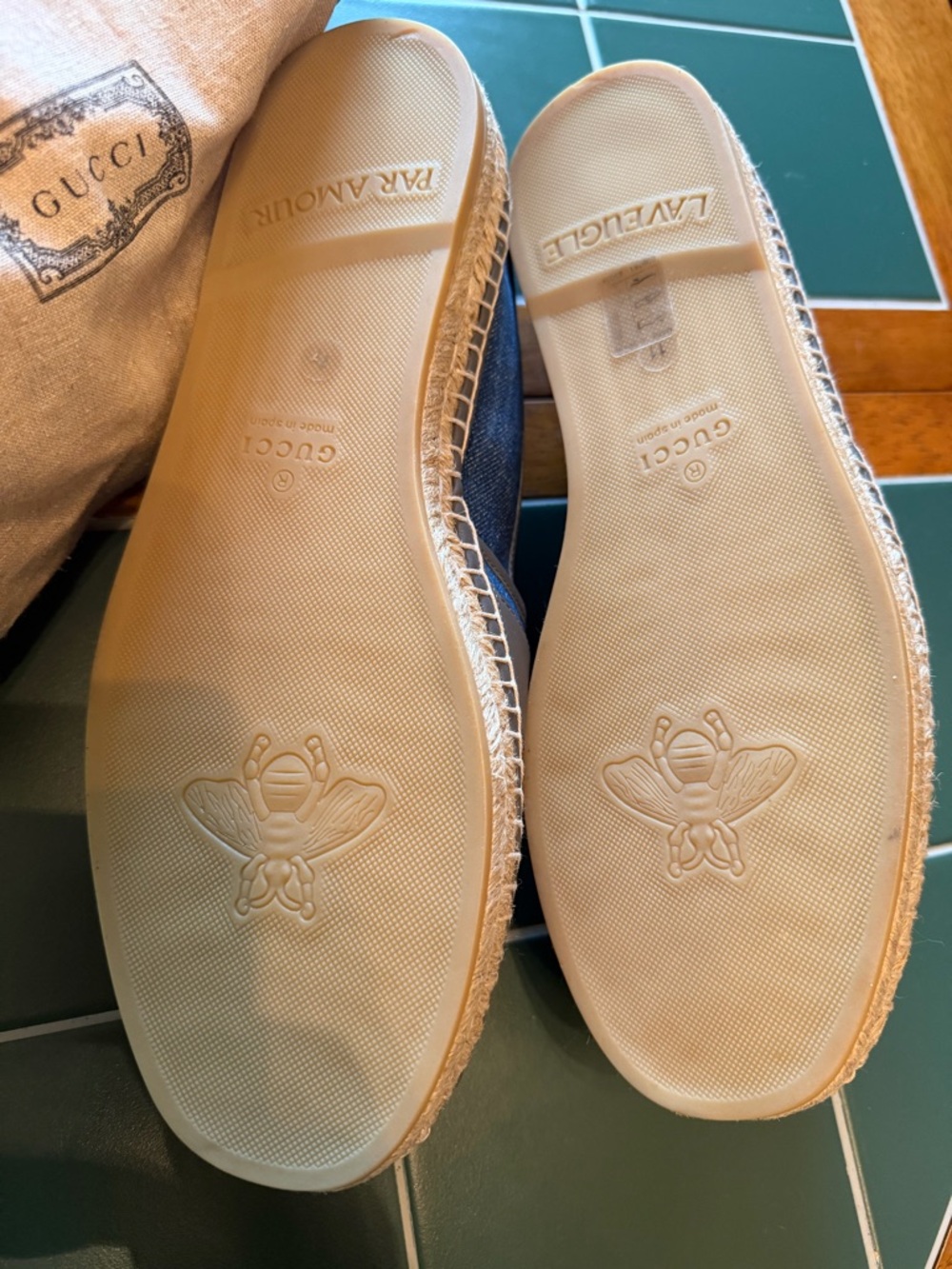 GUCCI Blue Denim Espadrille Slip-Ons with Gray Leather Trim - Picture 3 of 12